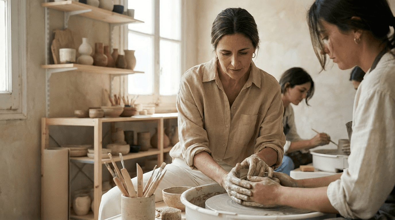 María Pilar enseñando técnicas de cerámica