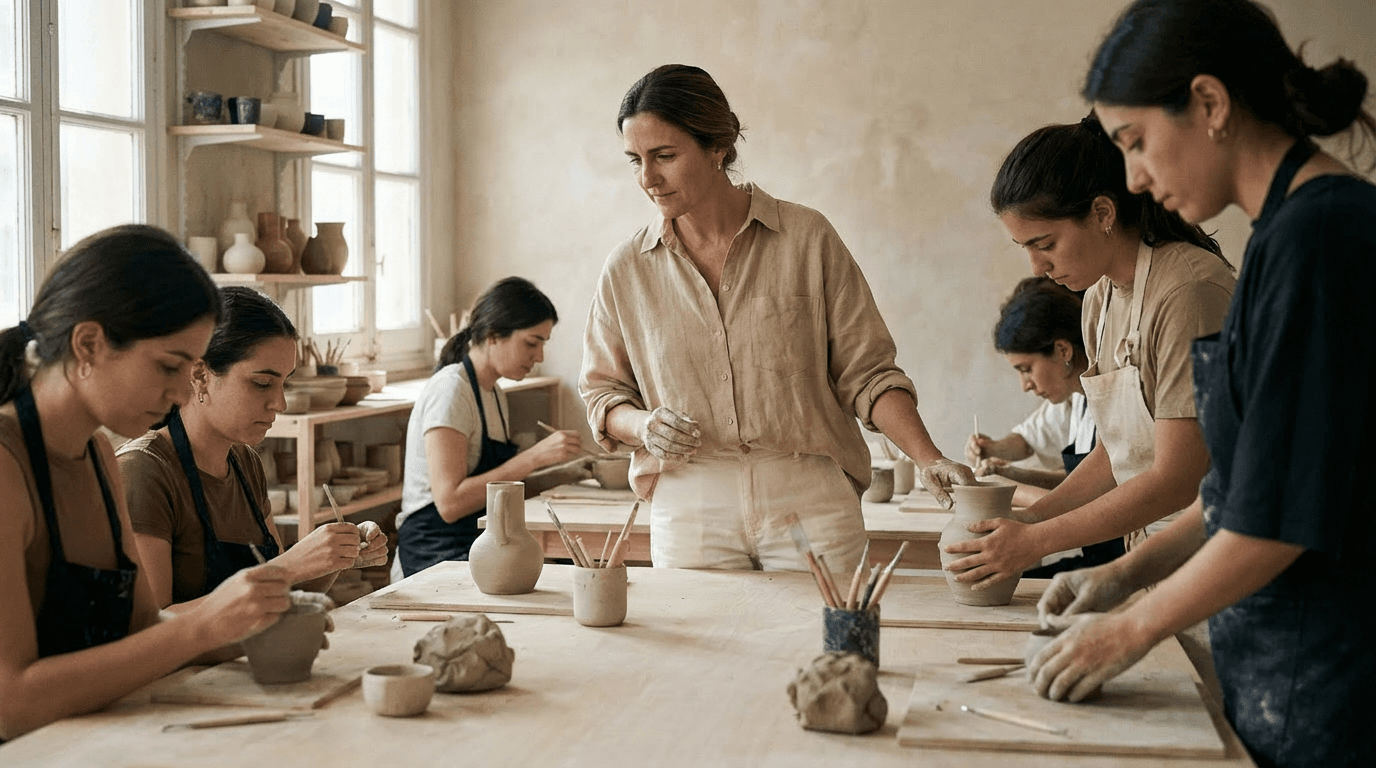 María Pilar Eguren enseñando cerámica decorativa en su taller